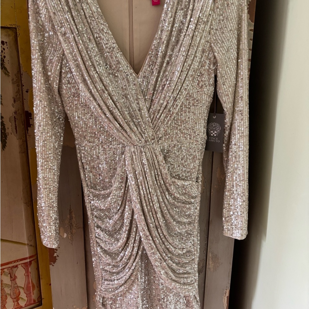 Vince Camuto Gold Ruched Sequin Cocktail Dress